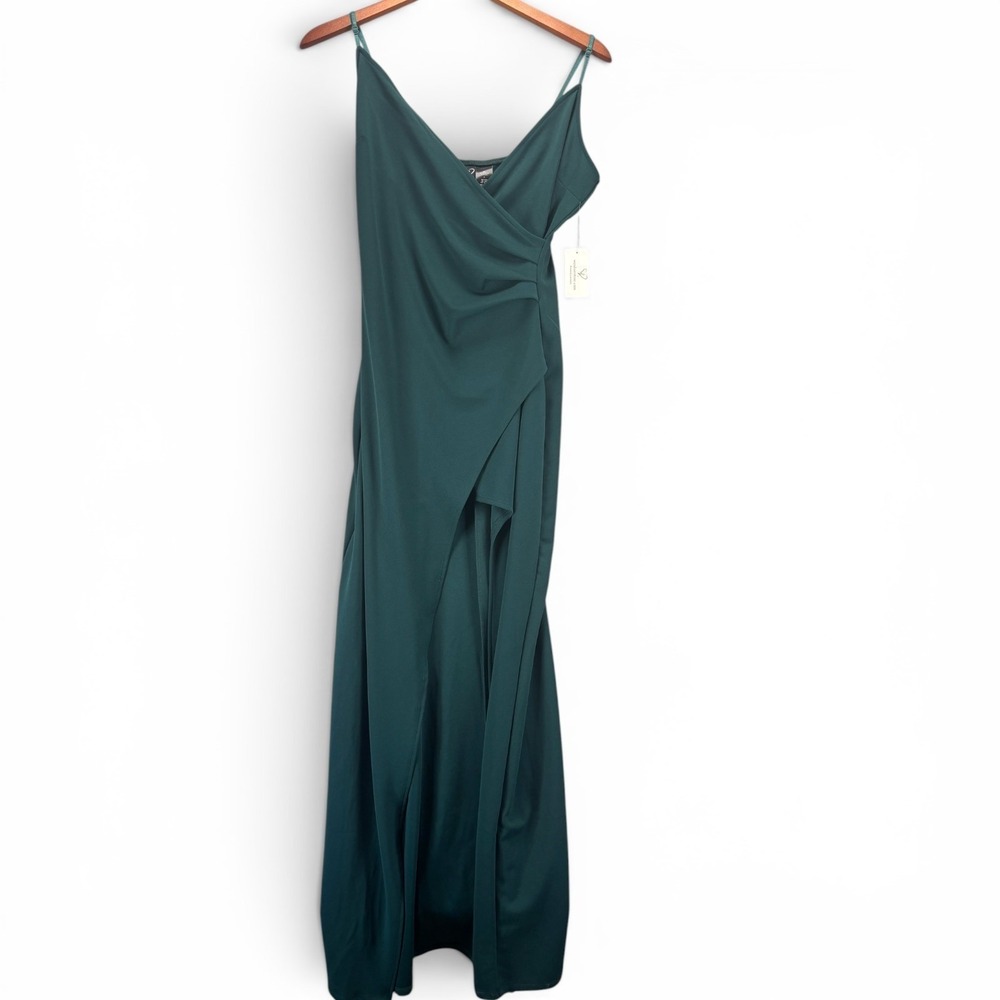 NWT Windsor Sasha Hunter Green Wrap Maxi Dress L High Slit Formal Prom Ruched